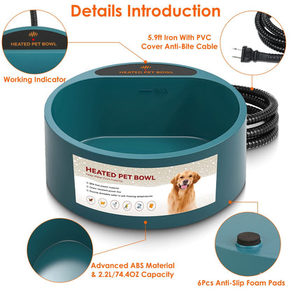 Heated Water Bowl for Dog Cat 74.4OZ Heating Water Dish IP67 Waterproof Thermal Water Bowl Heated Pet Bowl Dog Cat Water Feeder Bowl for Dog Cat Rabbit Pet