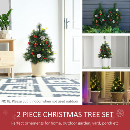 22.5in Christmas Tree 2-Pack Outdoor Pre-Lit Artificial Pine Cordless with 24 Warm White Lights and Stakes