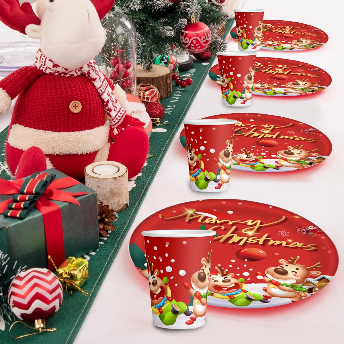 30Pcs Christmas Party Tableware Set 7 and 9 Inch Elk Claus Paper Plates 3.5 Inch Paper Cup Cute Xmas Disposable Cups for Xmas Holiday Dinner Supplies