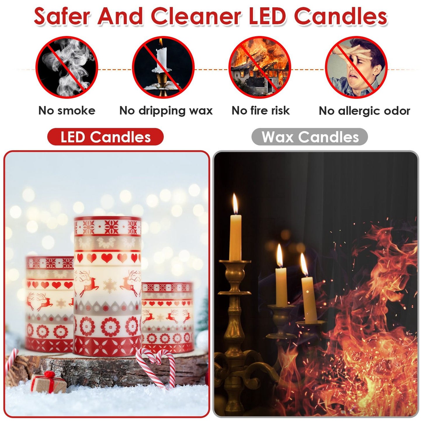 3Pcs/6Pcs/9Pcs quantity options Christmas Flameless LED Candles Deer Flickering Candle Lights Pillar Candles with 3 Lighting Modes Timer Remote Control